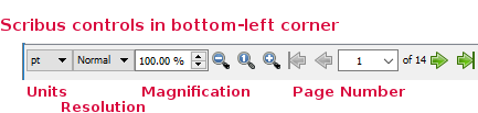 Controls in lower left corner of Scribus main window