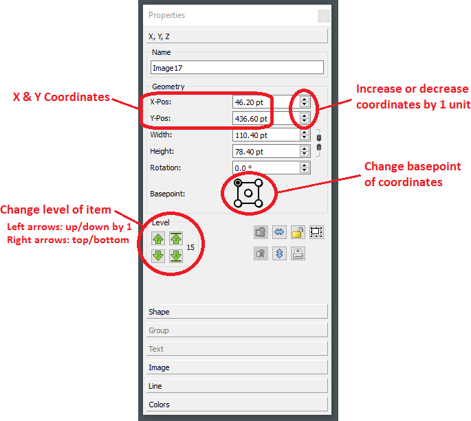 X, Y, Z Properties controls